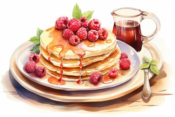 Delicious pancakes topped with fresh raspberries and syrup, perfect for breakfast or brunch on a beautiful plate.