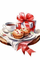 Indulge in a cozy tea time experience with cookies, a festive gift, and a warm cup of tea, perfect for celebrations.