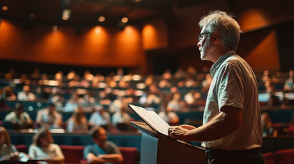 College professor lecturing in a large auditorium
