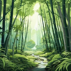 Bamboo grove flat design, top view, serene theme, cartoon drawing, Triadic Color Scheme, isolate, white background.