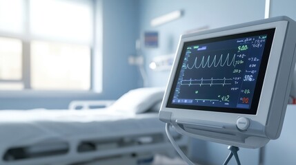 Naklejka premium Vital Signs Monitor in Hospital Room with Blurred Background of Patient's Bed