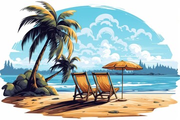 Relaxing beach scene featuring tropical coconut trees, sun loungers, and a vibrant sky, perfect for summer vibes and getaway imagery.