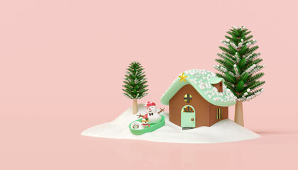 Fototapeta premium 3d snowman and cute monster friends in bucket with house, christmas tree isolated on pink background. merry christmas and happy new year, 3d render illustration