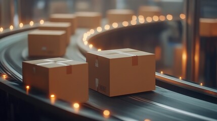  Cardboard Box Packages Moving Along a Conveyor Belt