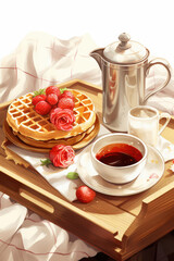 A cozy breakfast scene featuring waffles topped with strawberries and roses, accompanied by coffee and a silver teapot.