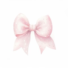 A watercolor painting of a pink bow with white polka dots. The bow is tied in a knot in the center and has two long tails. The bow is on a white background.