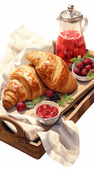 A delicious breakfast spread with croissants, fruit, and a refreshing drink on a wooden tray.