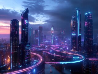 A futuristic city where cancer has been eradicated due to widespread innovation symbolizes universal remission.