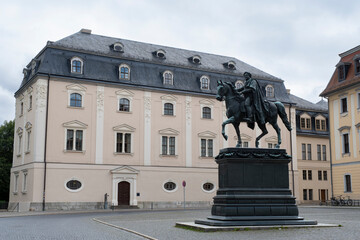 Democracy Square in Weimar with Anna Amalia Library, University of Music Franz Liszt and the statue of Carl August, Grand Duke of Saxony-Weimar-Eisenach. Weimar, Germany, July 22 2024