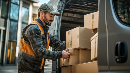 Delivery driver loading boxes into a van
