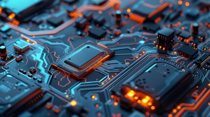 Close-up of a Circuit Board with Glowing Components