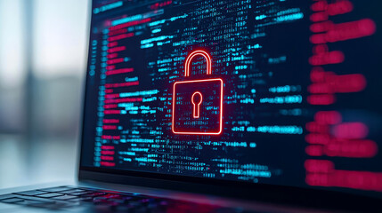 Digital security concept featuring a locked padlock on a computer screen, symbolizing data protection and cybersecurity.