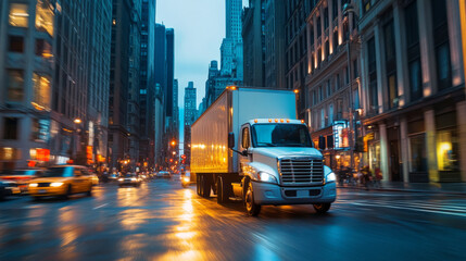 Fototapeta premium Delivery truck driving through a bustling city street