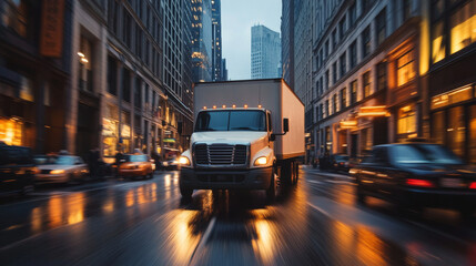 Obraz premium Delivery truck driving through a bustling city street