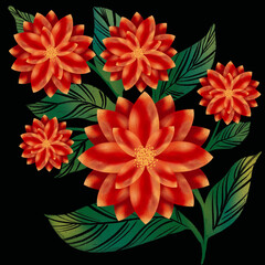 A flower branch. Colorful flowers, green leaves. The concept of a wedding with flowers. Flower poster, invitation. Compositions for the design of greeting cards or invitations