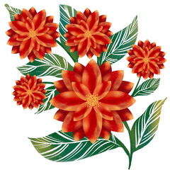 A flower branch. Colorful flowers, green leaves. The concept of a wedding with flowers. Flower poster, invitation. Compositions for the design of greeting cards or invitations