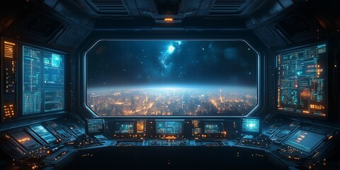 Obraz premium High-Tech Sci-Fi Command Center with Deep Space Views, generative ai