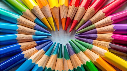 Fototapeta premium Colorful crayons arrange to form a creative company logo, symbolizing imagination, inspiration, and artistic expression in a fun and playful corporate identity design concept.