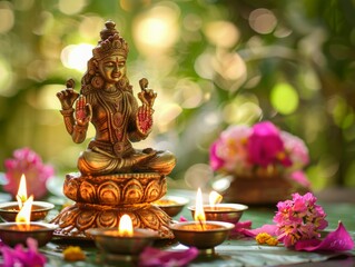 Obraz premium A serene bronze statue of a goddess surrounded by candles and flowers, symbolizing peace and spirituality.