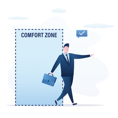 Businessman steps out of comfort zone, confident man illustrating initiative to get out of safe zone. Concept of courage, determination, explore new opportunities
