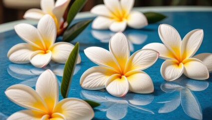 Fototapeta premium Close-up of frangipani flowers (Plumeria) on a serene blue spa table, showcasing their delicate texture and vibrant colors