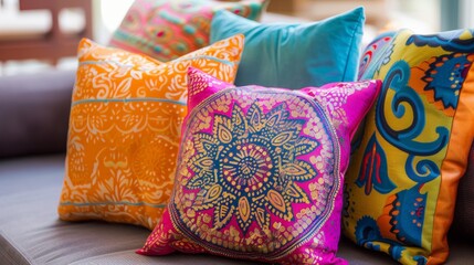 Vibrant decorative pillows featuring intricate patterns and rich colors, perfect for enhancing any living space or cozy corner.