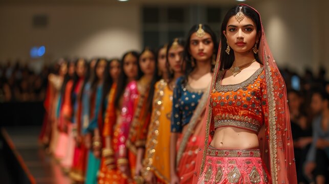 A vibrant fashion show featuring diverse models in colorful traditional attire, showcasing cultural elegance and style.