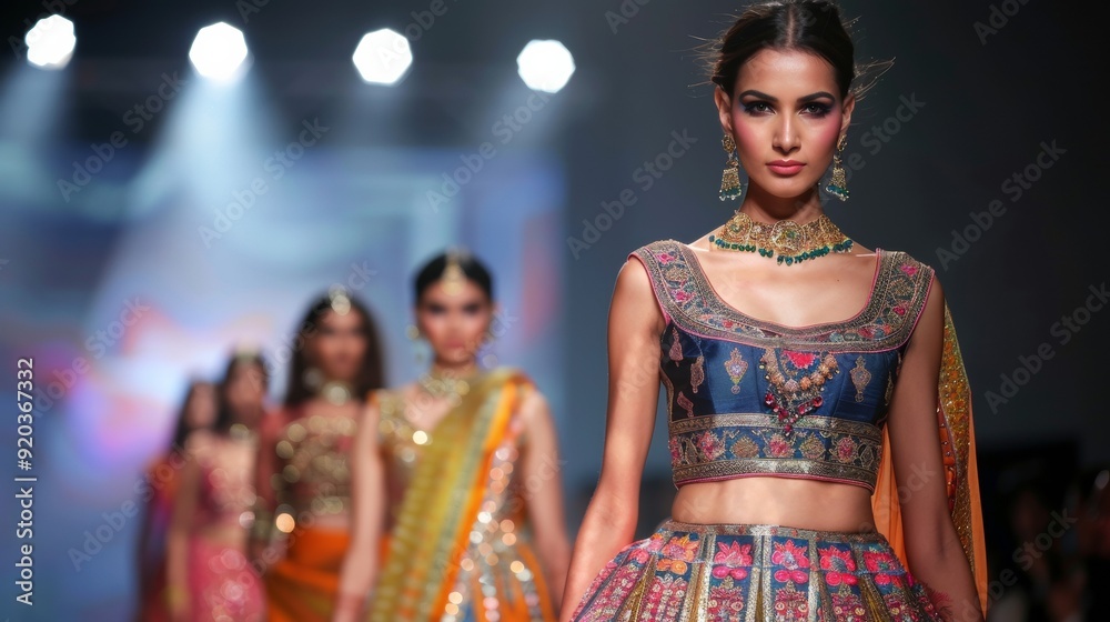 Wall mural stunning model showcases vibrant traditional attire on the runway, exuding elegance and style in a c