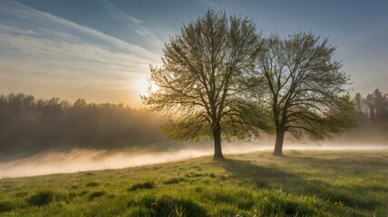 Spring meadow with morning fog and sun 