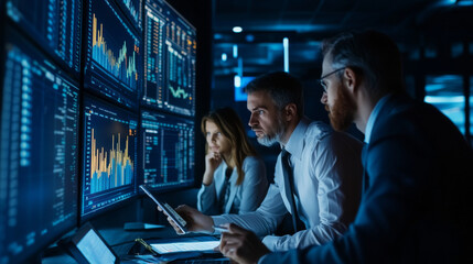 Group of businesspeople analyzing 2024 stock market reports