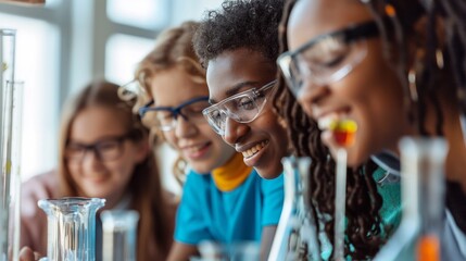 Diverse high school students in chemistry class learning and experimenting with beakers and flasks, smiling and happy, representing the joy of discovery and teamwork in stem education
