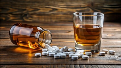 Prescription pills spilled on a table next to an empty whiskey bottle and a half-full glass, symbolizing addiction and substance abuse struggles.