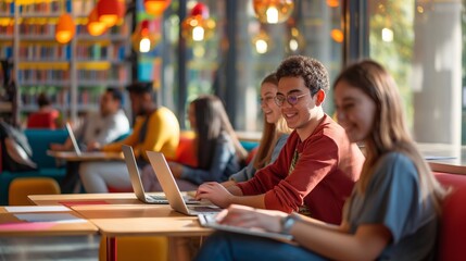 Young people collaborating on a project in a bright, modern library, studying together using laptops and books, focused and engaged, sharing knowledge and learning as a team at school or university
