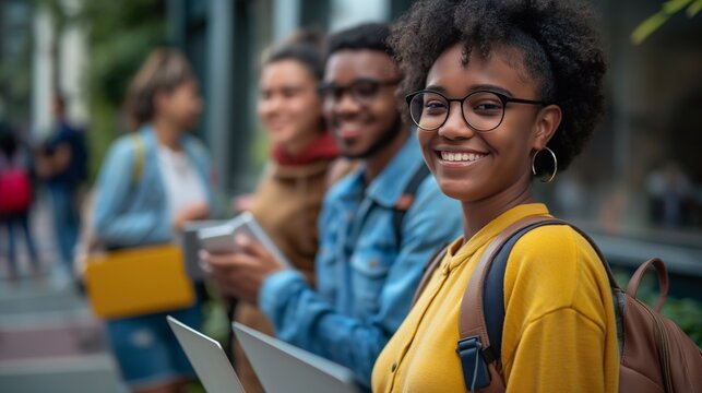 Diverse group of students walking in urban city near the university or college , chatting happily, carrying backpacks and laptops. Embracing community, communication, and excitement of learning