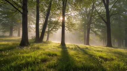 Obraz premium Sunlit meadow with fog in spring 