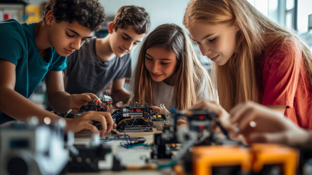 Group of teenagers working on a robotics project in a school lab