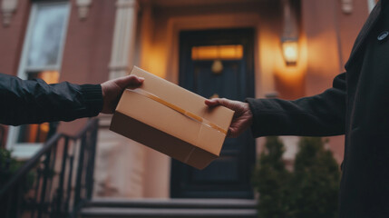 Fototapeta premium Hands exchanging a package in front of a house