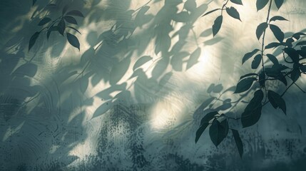 A close up image of leaves and their shadows cast against a textured surface in a muted color palette.
