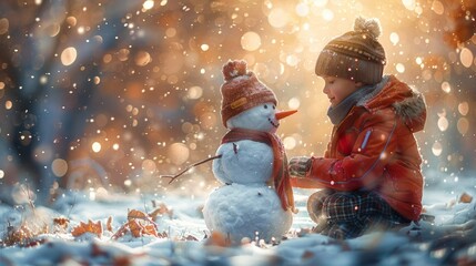 Family Enjoying Snowy Day Building Whimsical Snowman in Winter Wonderland