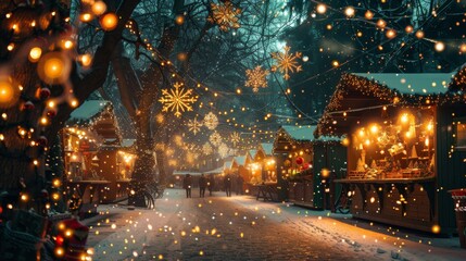 Enchanting Festive Christmas Market with Twinkling Lights and Green Background