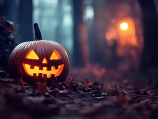 Glowing pumpkin jack-o'-lantern in a dark, misty forest at dusk, eerie, Halloween night, spooky, autumn atmosphere.