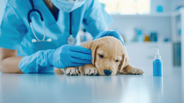 A veterinarian checks a puppy's health in a clinic, showcasing compassionate care and medical expertise for pets.