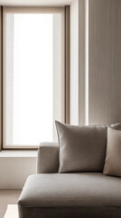 Fototapeta premium Minimalist interiors design composition with a mirror and minimal furniture next to a large window filling the room with natural lighting. Stylish interior design composition.