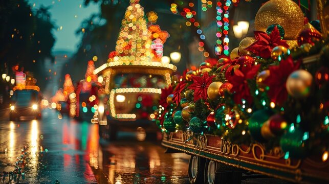 Festive Christmas parade with colorful floats and twinkling lights in a snowy winter city street