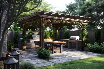 Fototapeta premium Cozy Outdoor Kitchen with Pergola and Fire Pit in a Lush Garden Setting