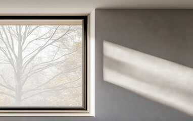 Fototapeta premium Minimalist interiors design composition with a mirror and minimal furniture next to a large window filling the room with natural lighting. Stylish interior design composition.