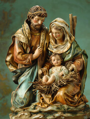 Obraz premium Nativity Scene with Holy Family of Mary Joseph and Baby Jesus on Green Background