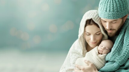 Loving Family in a Serene Nativity Scene with Baby in Winter Landscape