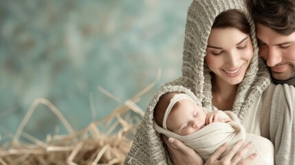 Obraz premium Loving Family Celebrates Birth of Baby Jesus in Nativity Scene