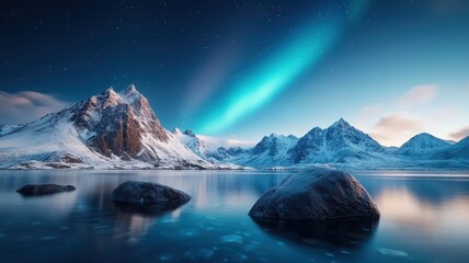 Naklejka premium Vibrant 3D scene of Milky Way and Northern Lights over rugged terrain, colorful glow, mesmerizing sky.